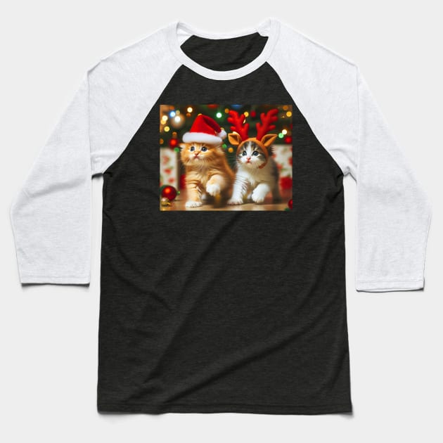 Cute kittens with Santa Claus and reindeer hats and Christmas tree Baseball T-Shirt by SPJE Illustration Photography